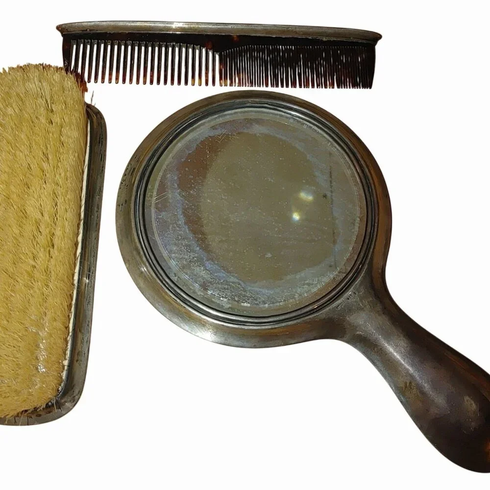 Lebolt 925 Sterling Antique Arts Crafts Hammered Silver Vanity Set Mirror Brush